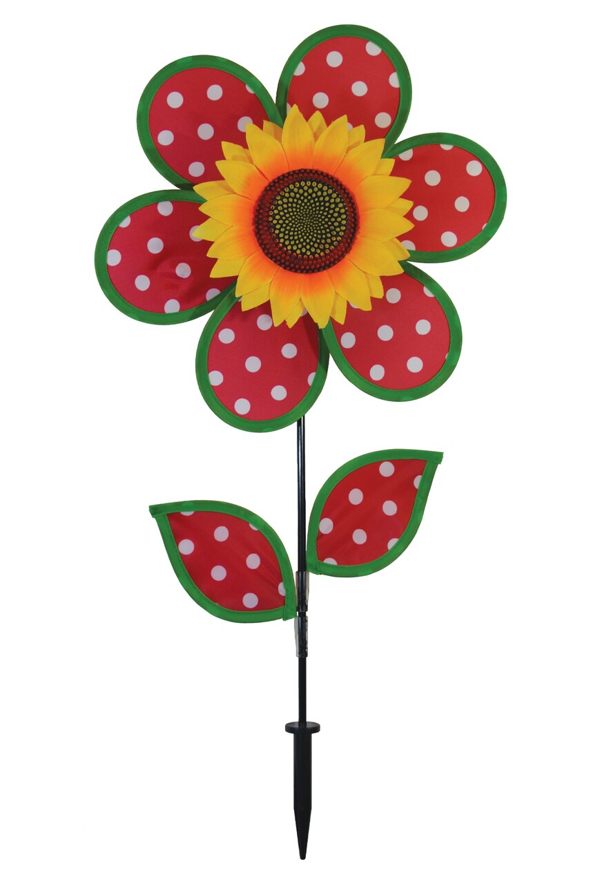 In the Breeze 2661 - 12 Inch Polka Dot Sunflower Wind Spinner with Leaves - Colorful Flower for your Yard and Garden